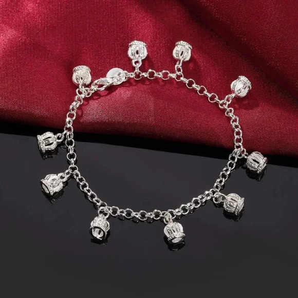 925 Sterling Silver Dainty Crown Charm Bracelet Silver Link Bracelet - Picture 1 of 4